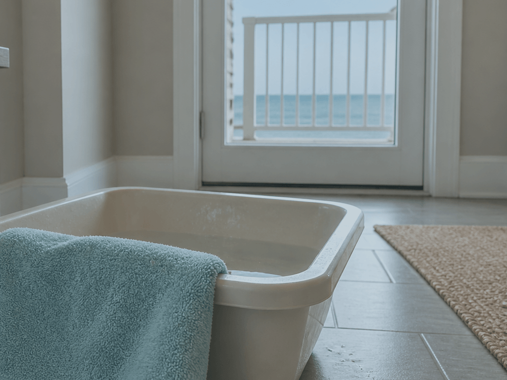 After-beach foot soak basin: condo entry ritual — supporting Beach Blog photo, Ocean City, Maryland