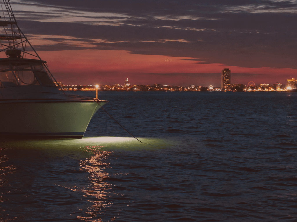 Close-up of a white all-round anchor light rigged on a small bay boat near Ocean City Maryland