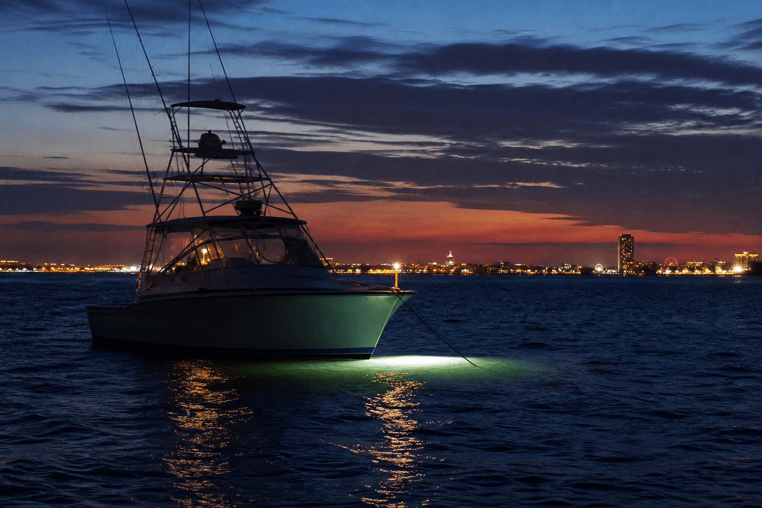 Boat at anchor on a dark bay showing a white anchor light with Ocean City shore lights in the distance