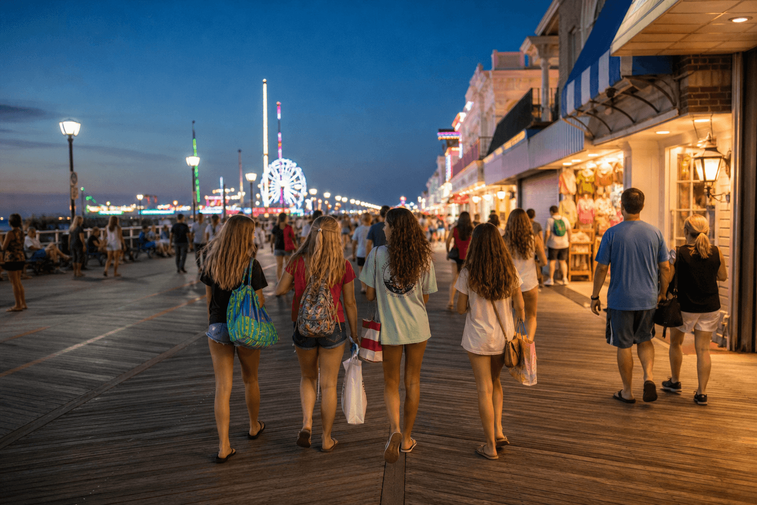 Arcade and shopping nostalgia on the Ocean City Boardwalk: neon games and souvenir glow — Beach Blog photo, Ocean City, Maryland