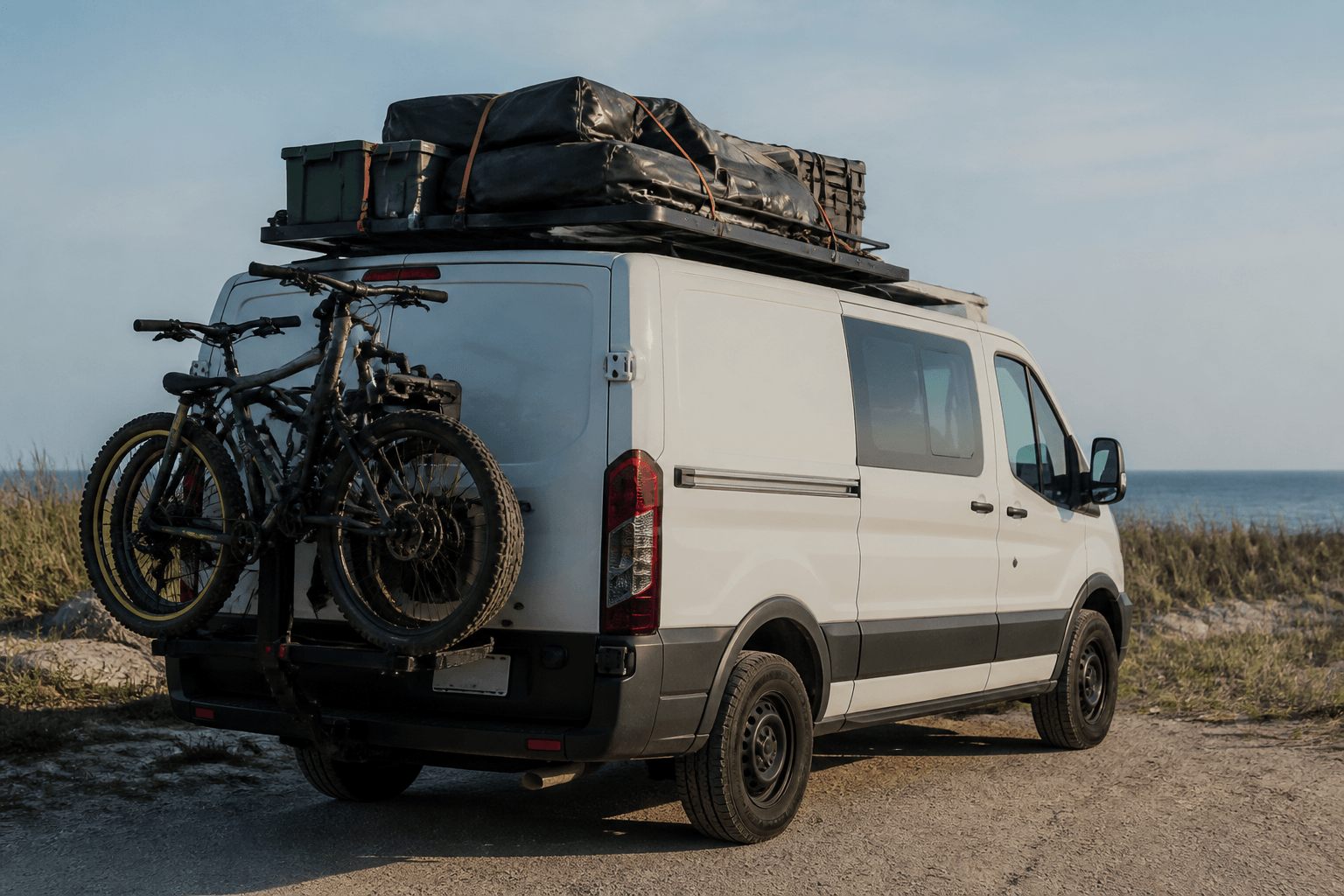 Assateague bike rack van loading: straps before the dirt road swagger — Beach Blog photo, Ocean City, Maryland