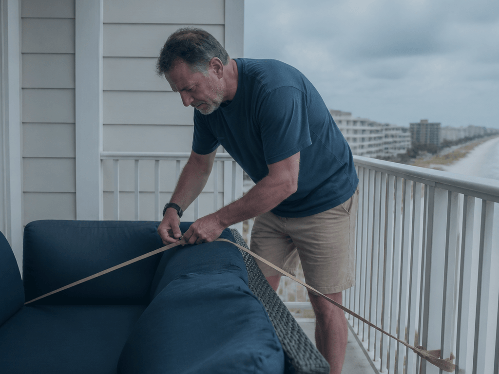 Balcony furniture wind tie-down: cushions become kites without warning — supporting Beach Blog photo, Ocean City, Maryland