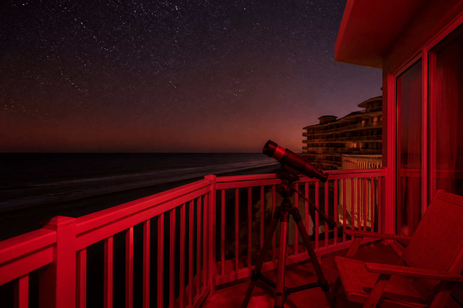 Balcony telescope nights: dim lights, quiet voices — Beach Blog photo, Ocean City, Maryland