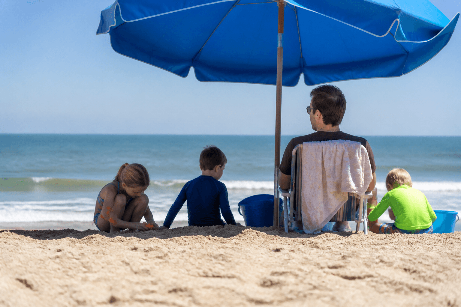 Beach morning with three kids before noon: claim the sand, then quit while ahead — Beach Blog photo, Ocean City, Maryland