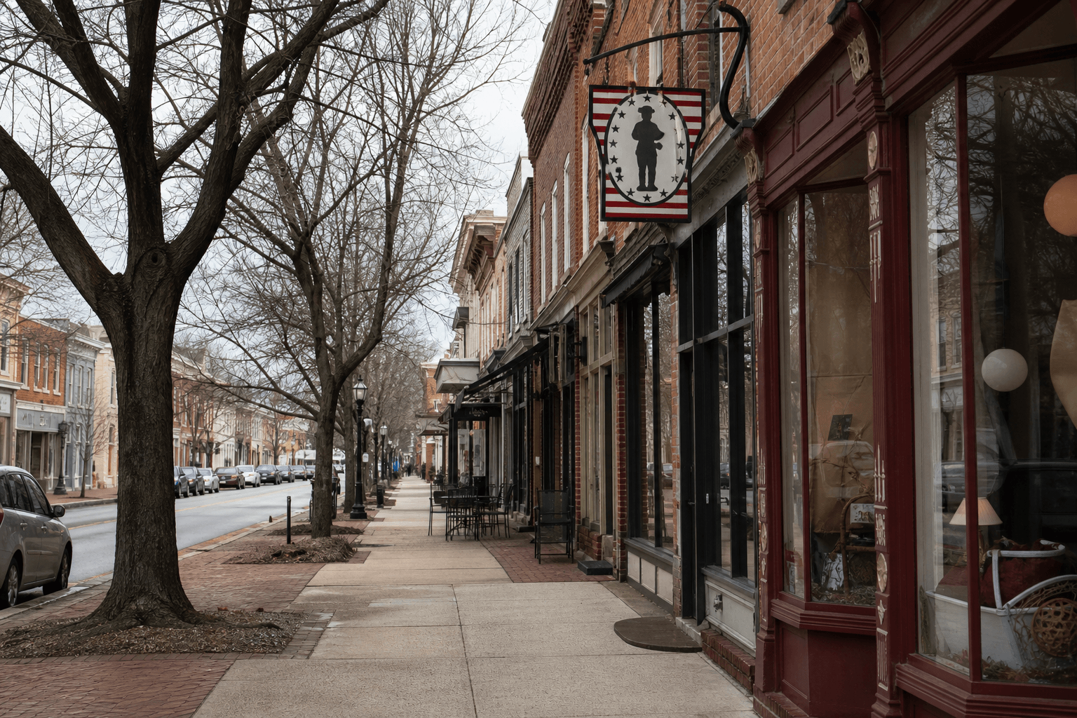 Historic downtown Berlin Maryland in winter: brick Main Street, soft gray light, quiet day-trip charm — Beach Blog photo — Ocean City, Maryland