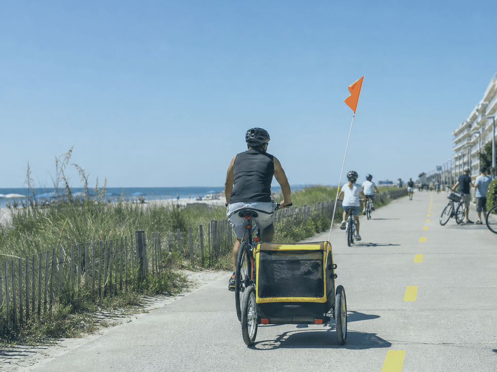 Bike trailer kid flag: be tall, be seen — supporting Beach Blog photo, Ocean City, Maryland
