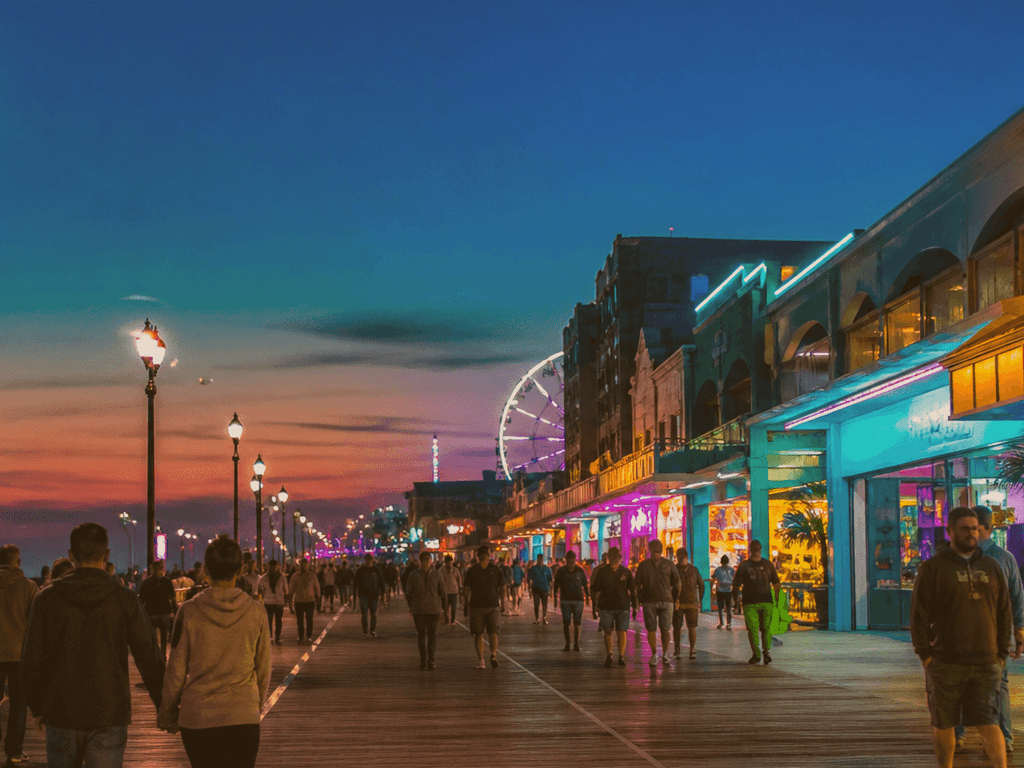 Blue hour Boardwalk photo walk: lights on, crowds softer, phones ready — supporting Beach Blog photo, Ocean City, Maryland