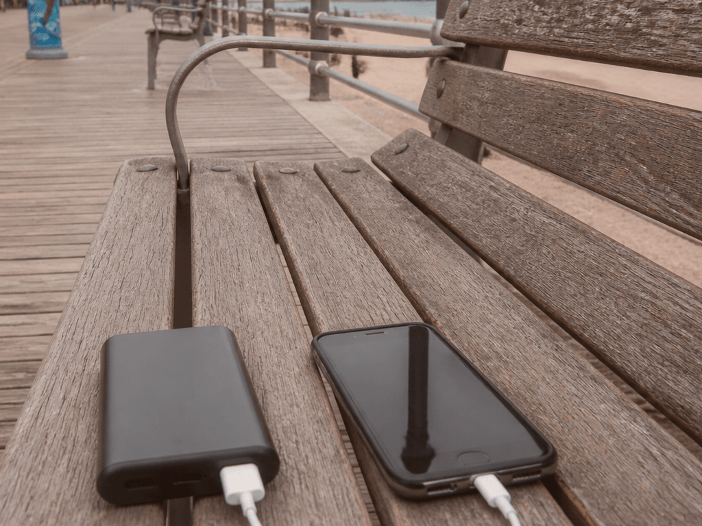 Boardwalk bench phone charge hunt: bring your own bank — supporting Beach Blog photo, Ocean City, Maryland