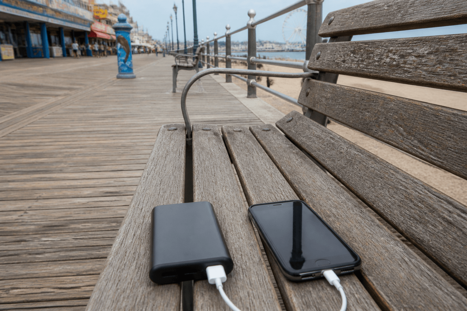 Boardwalk bench phone charge hunt: bring your own bank — Beach Blog photo, Ocean City, Maryland
