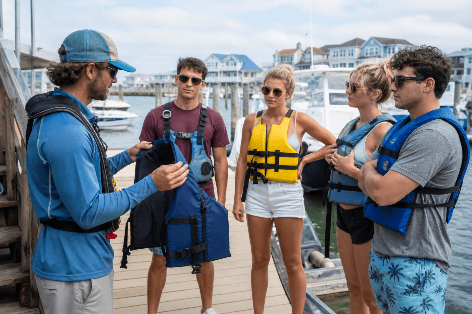 Family gathered on a bay boat deck for a pre-departure safety briefing with Ocean City marina in the background