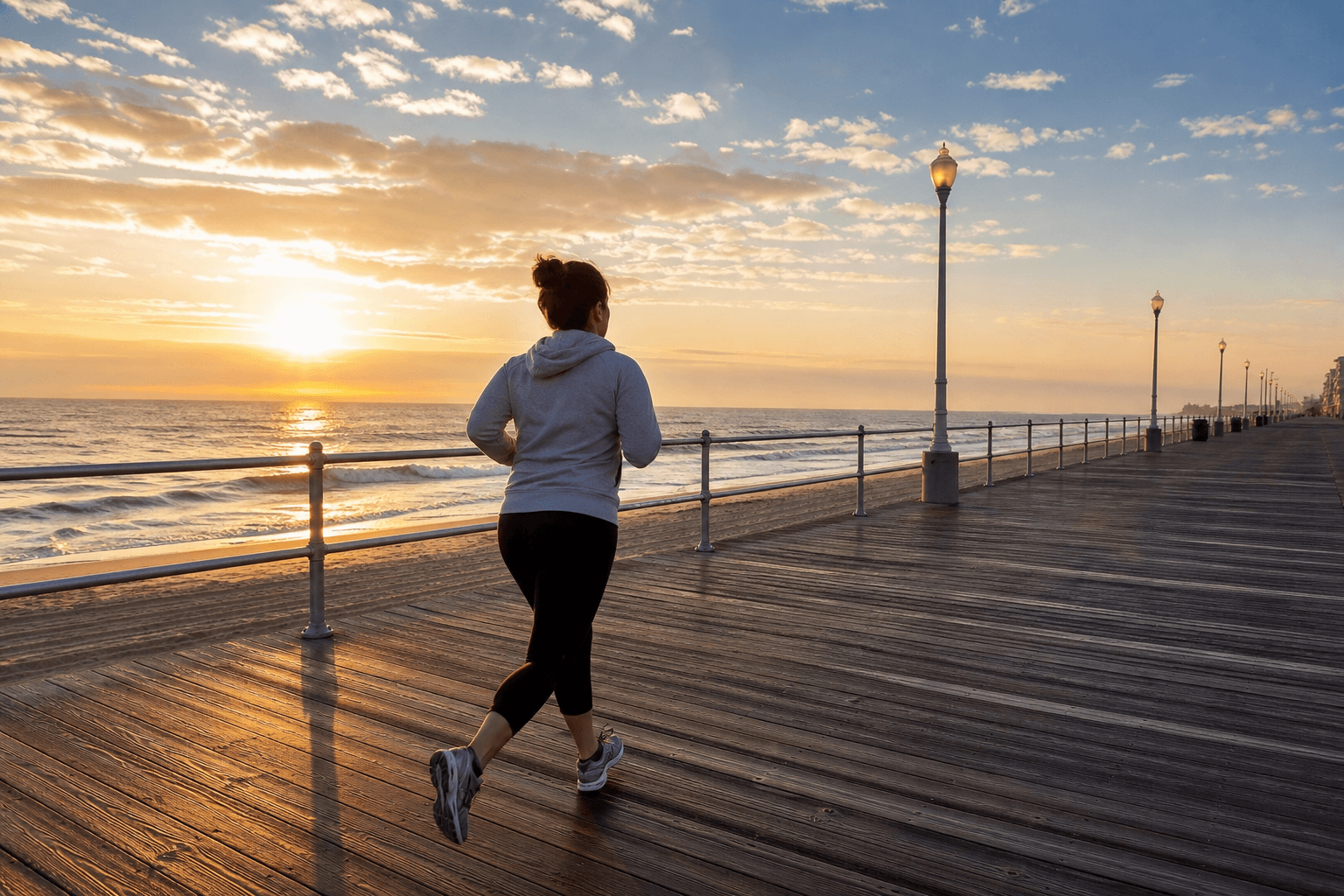 Runner on the Ocean City Boardwalk in cool golden autumn morning light — Beach Blog photo, Ocean City, Maryland