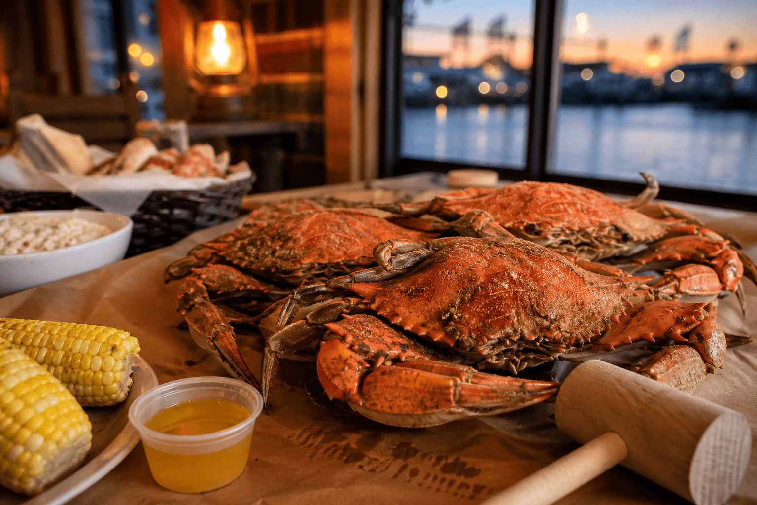 Cozy coastal fall seafood dinner table with crab and warm amber light near Ocean City — Beach Blog photo, Ocean City, Maryland