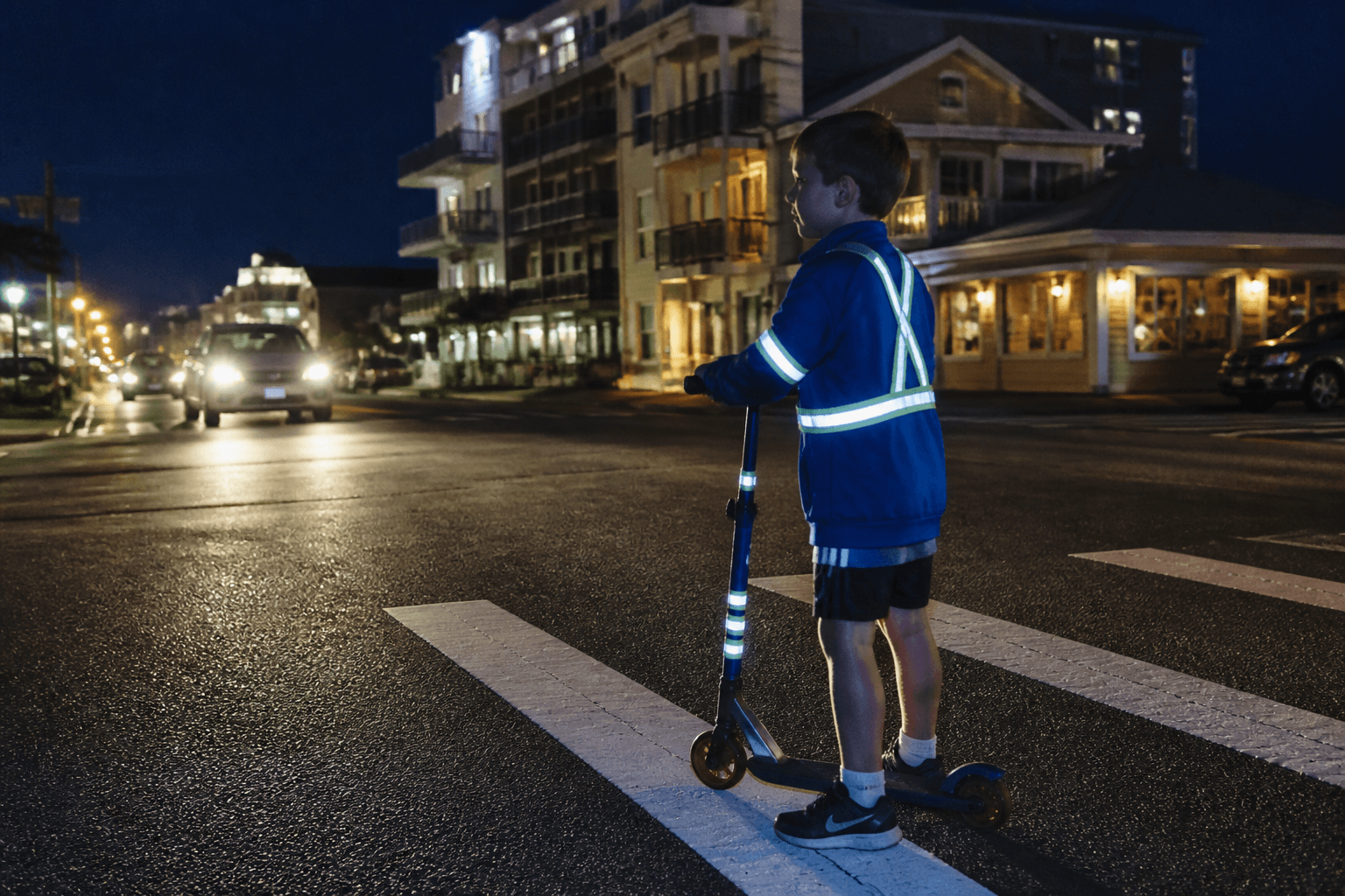 Night crosswalks: reflective gear for kids on scooters — Beach Blog photo, Ocean City, Maryland
