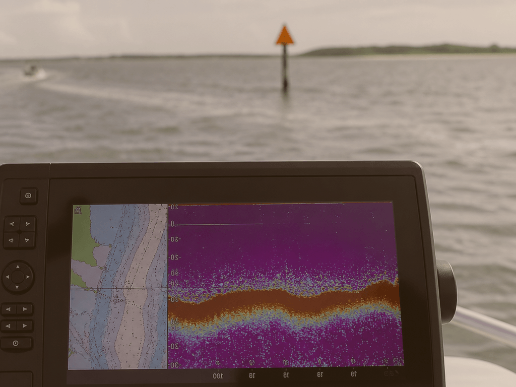 Depth finder in the shallow bay: believe the numbers — supporting Beach Blog photo, Ocean City, Maryland