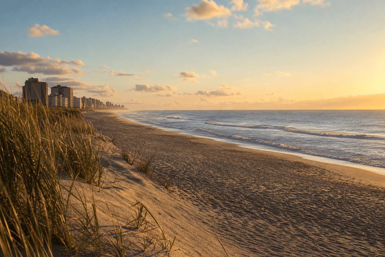 Golden September light over a quieter Ocean City beach with soft waves and open sand — Beach Blog photo, Ocean City, Maryland
