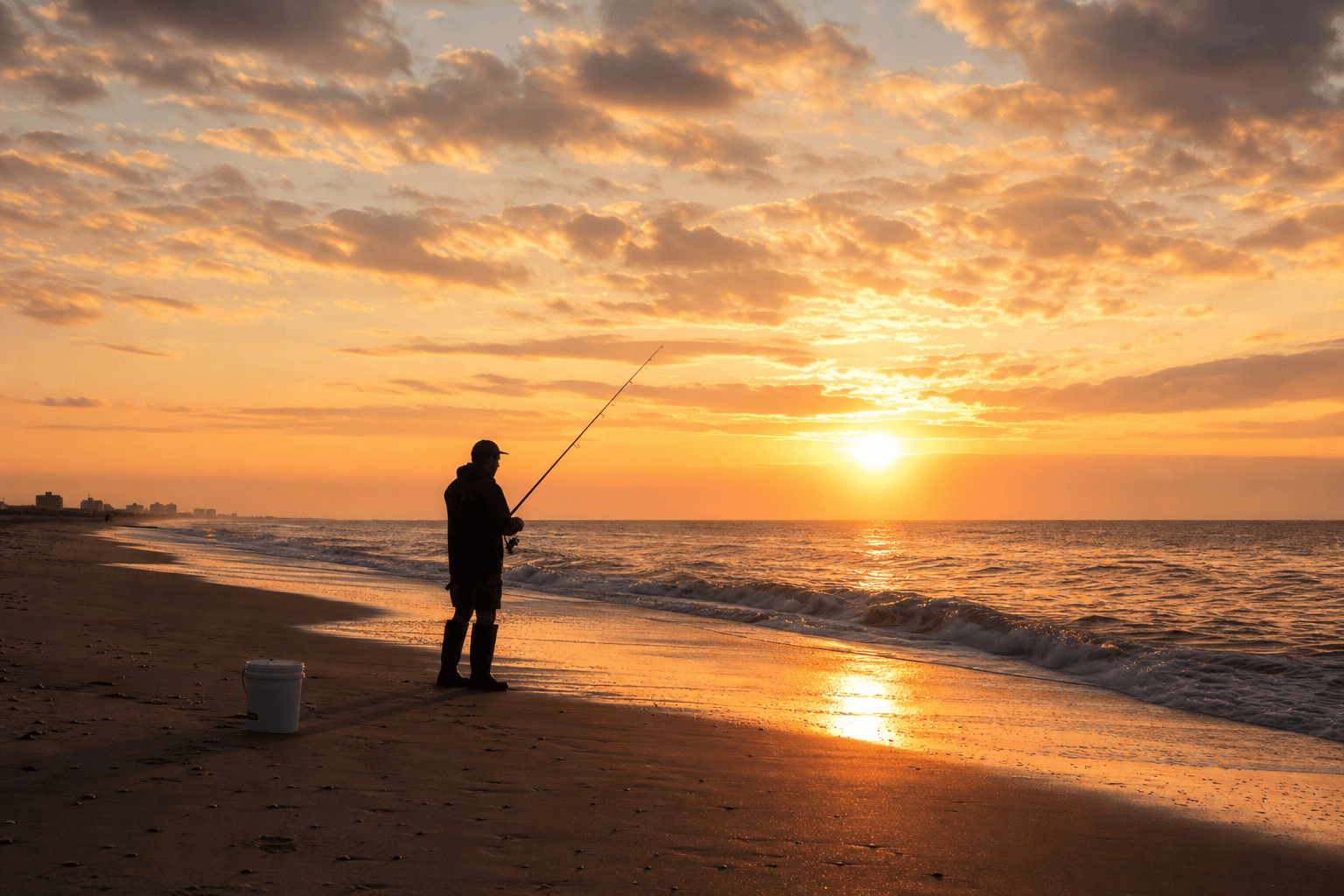 Surf fisher on an Ocean City beach at cool autumn dawn with golden light and empty sand — Beach Blog photo, Ocean City, Maryland
