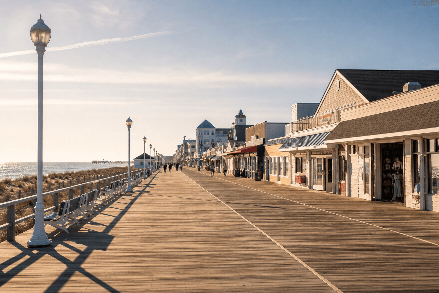 First warm spring afternoon on the Ocean City Boardwalk with soft sunlight and open planks — Beach Blog photo, Ocean City, Maryland