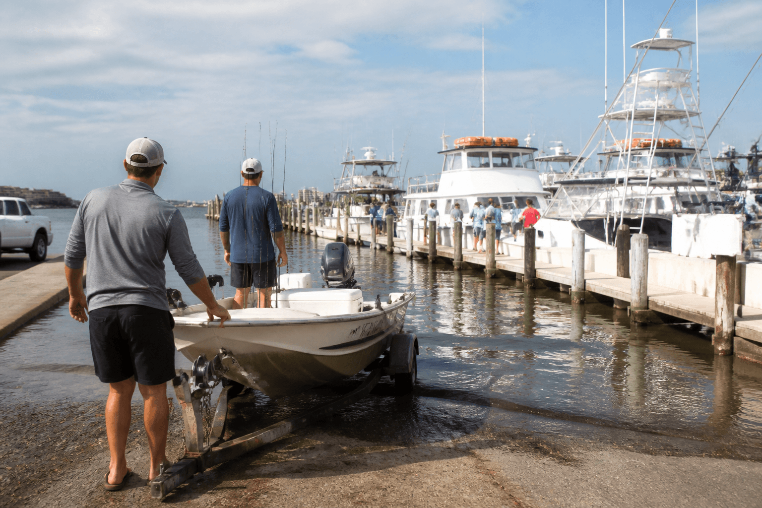 Family debating at a West Ocean City marina between a rental skiff and a charter head boat