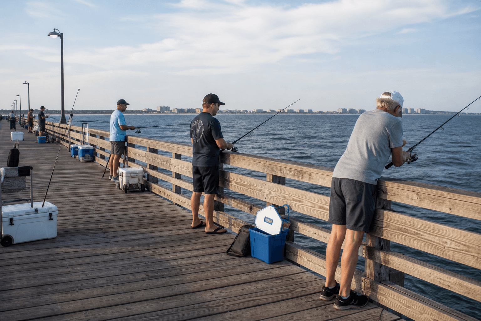 Anglers sharing rail space on an Ocean City fishing pier at dawn with rods set and the ocean beyond