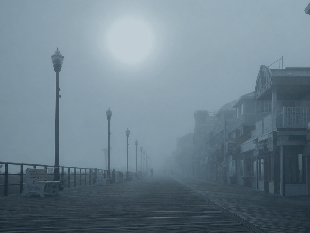 Fog morning Boardwalk photo mood: soft mystery before the burn-off — supporting Beach Blog photo, Ocean City, Maryland