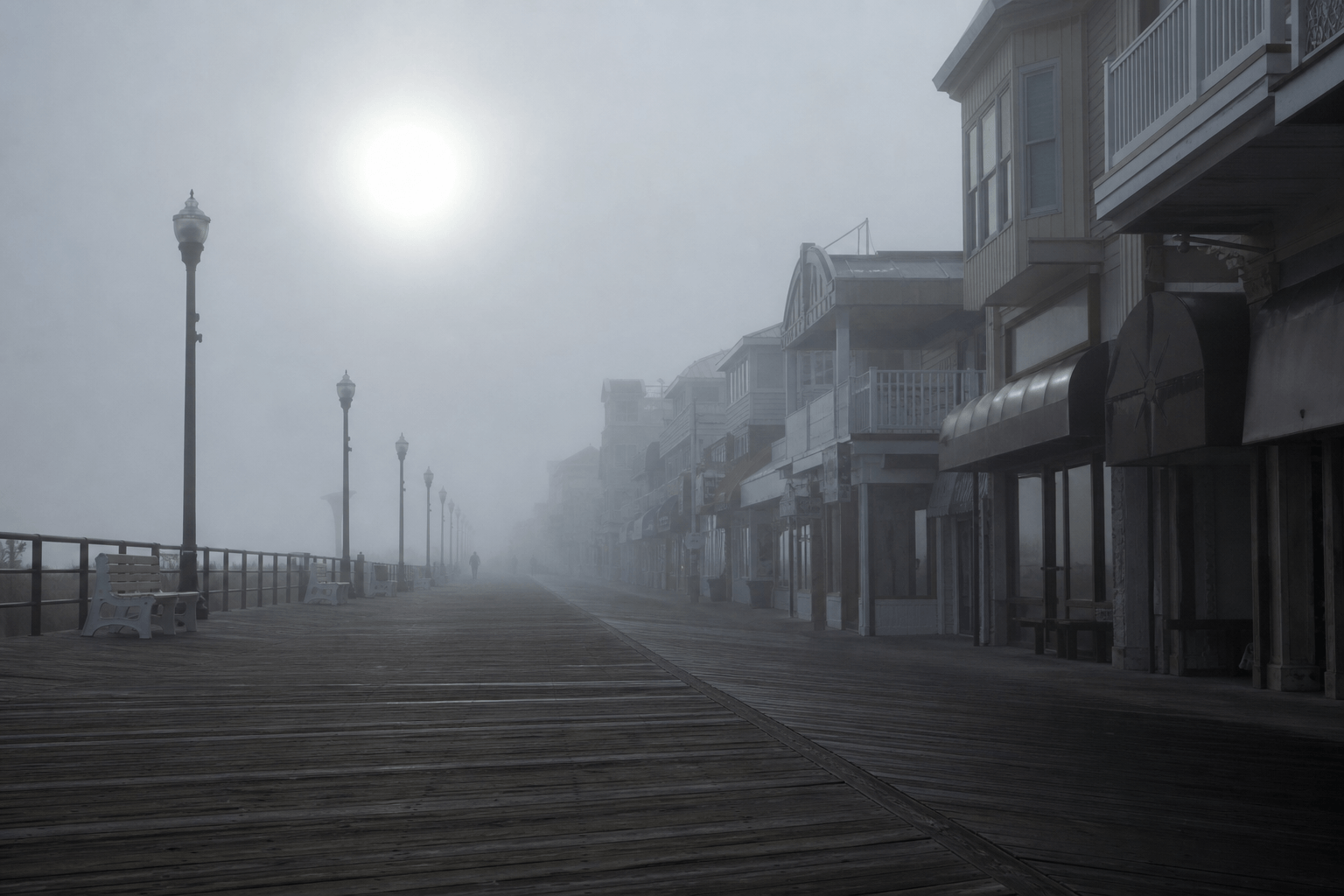 Fog morning Boardwalk photo mood: soft mystery before the burn-off — Beach Blog photo, Ocean City, Maryland