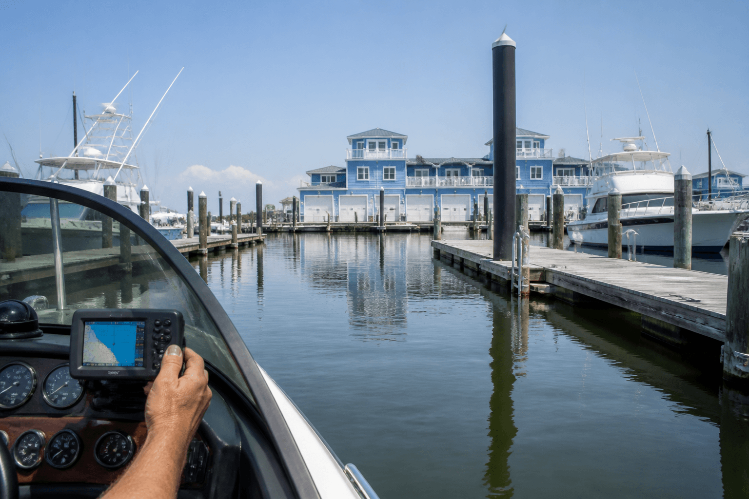 Boat GPS plotter showing a return track line toward an Ocean City marina slip