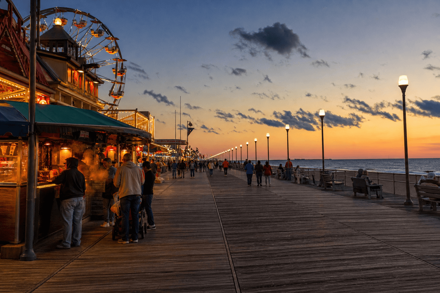 Ocean City Boardwalk at dusk in hoodie weather with warm neon and golden autumn light — Beach Blog photo, Ocean City, Maryland