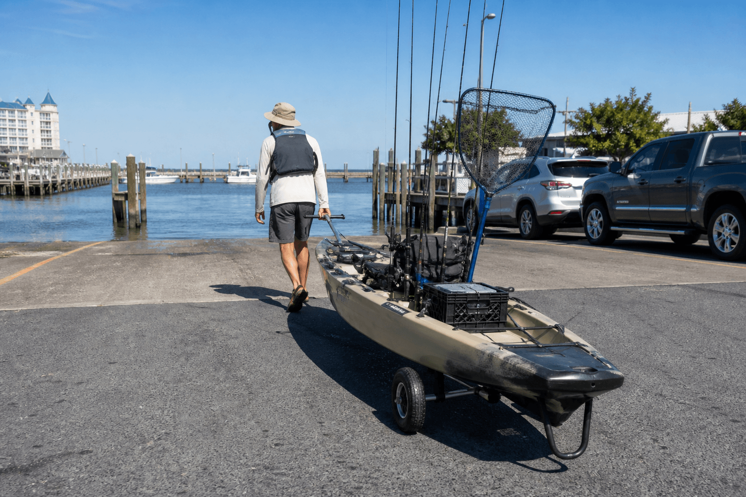 Kayak cart lot-to-launch haul: wheels save shoulders — Beach Blog photo, Ocean City, Maryland