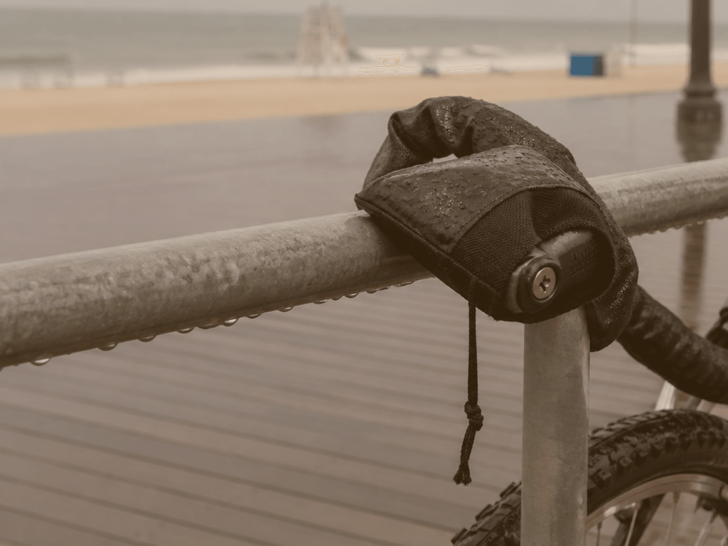 Bike lock cover for rain and salt spray — supporting Beach Blog photo, Ocean City, Maryland