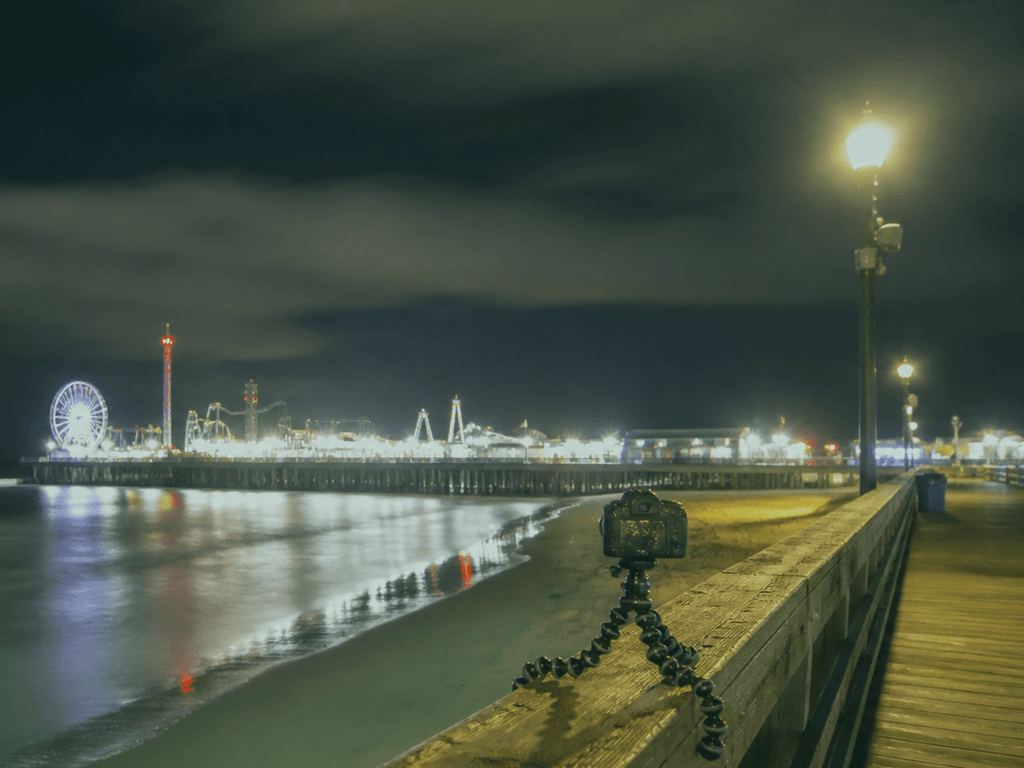 Long exposure pier lights: mini tripod, short session, no blocking walkers — supporting Beach Blog photo, Ocean City, Maryland