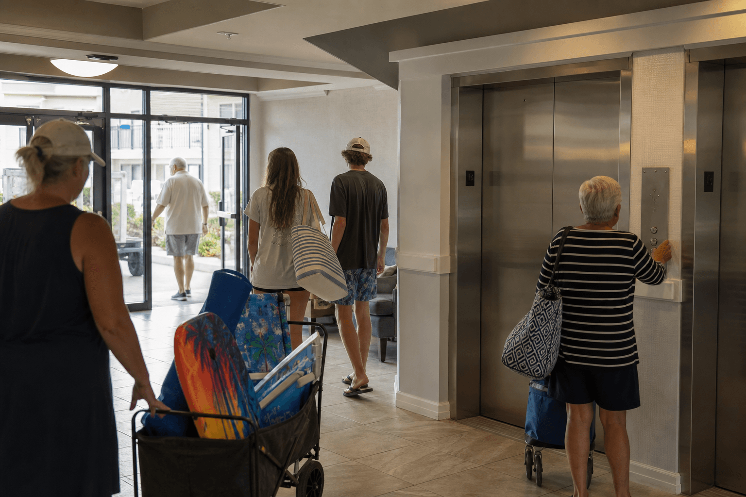 Multigen elevator condo week in Ocean City: calm lobby pacing and beach-gear flow — Beach Blog photo, Ocean City, Maryland