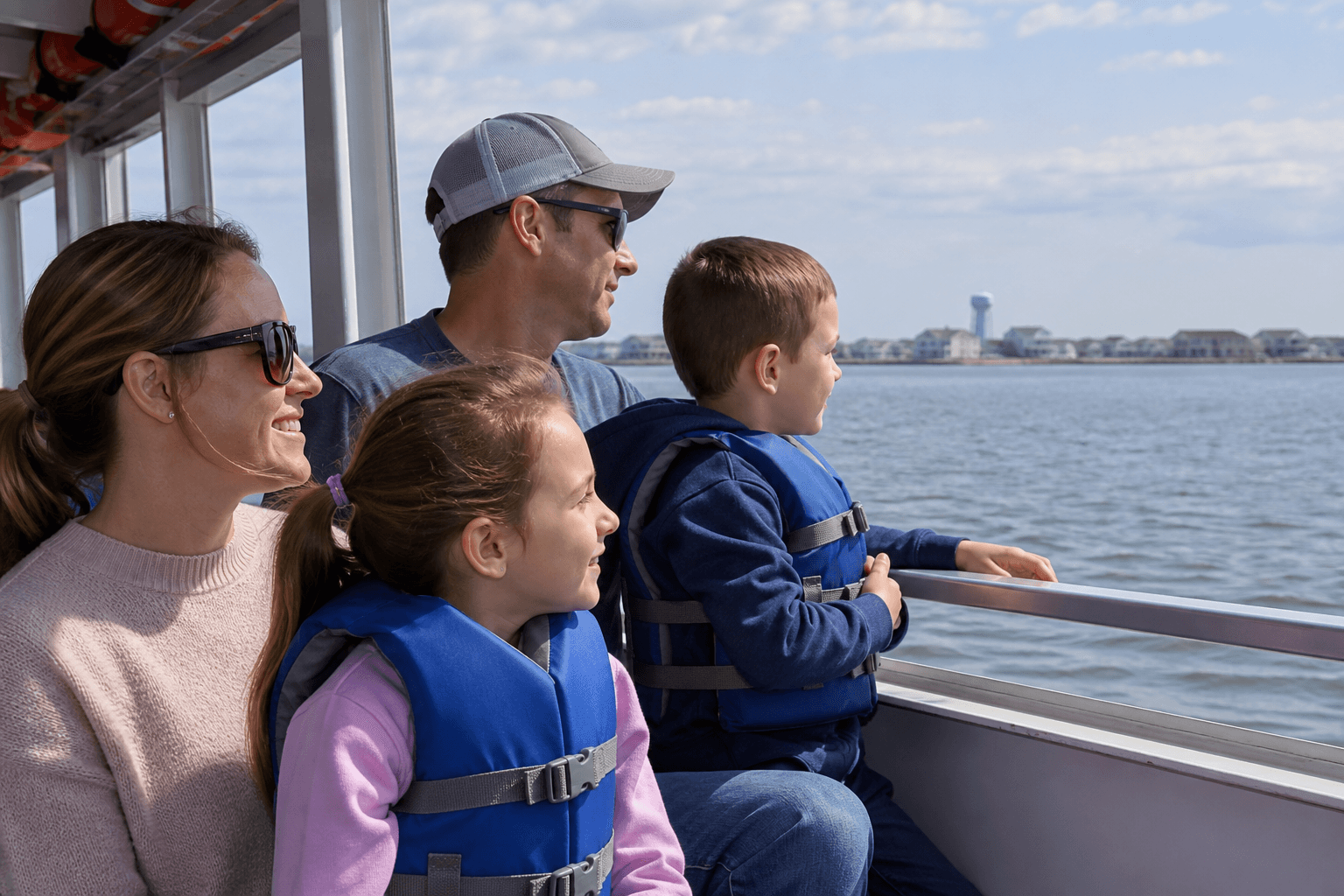 Family with three kids on a pontoon boat cruising Assawoman Bay with the Ocean City skyline behind them