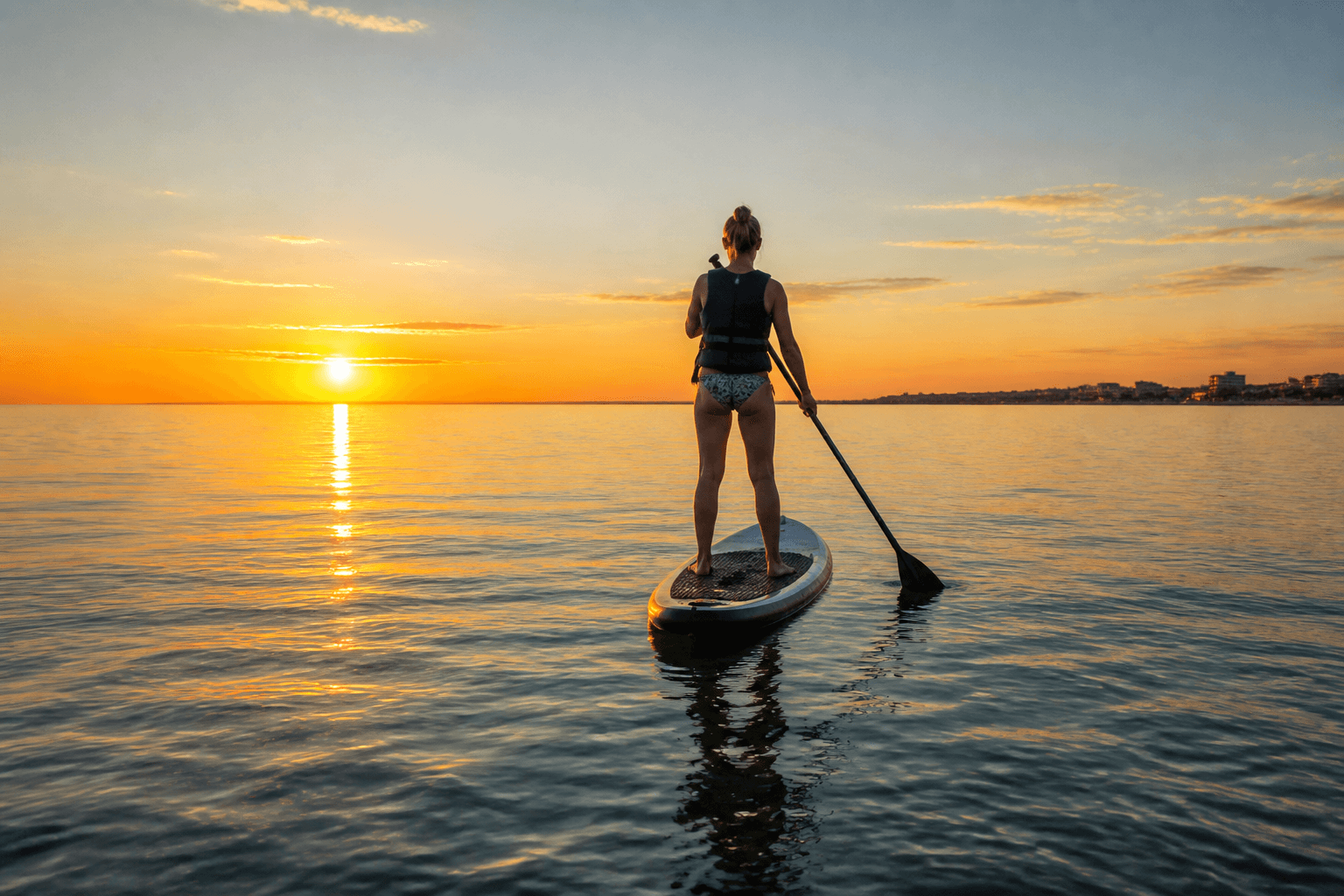 Kayakers on glass-calm Assawoman Bay at sunrise with pink light on the Ocean City skyline