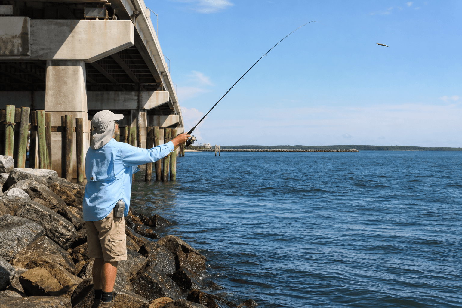 Angler fishing near bridge pilings and channel structure in West Ocean City at dawn