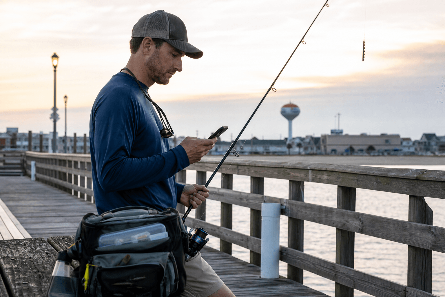 Maryland fishing license and pier pass on a truck console before dawn in Ocean City