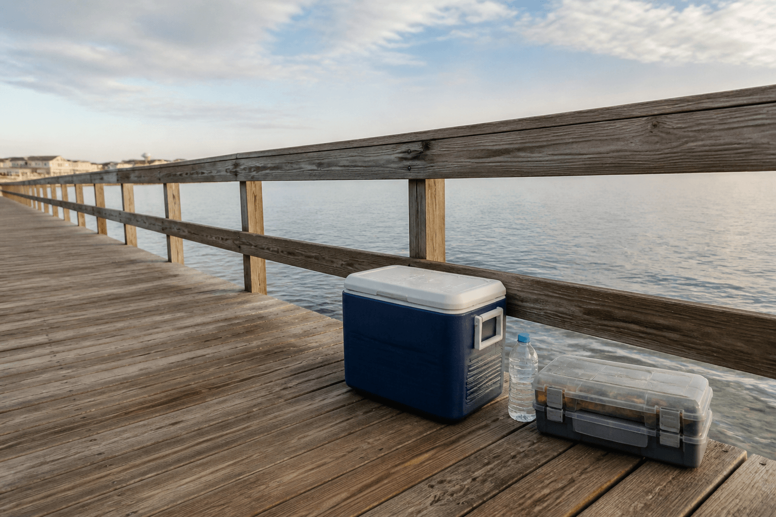 Organized fishing cooler tucked beside pier rail out of the walkway in Ocean City