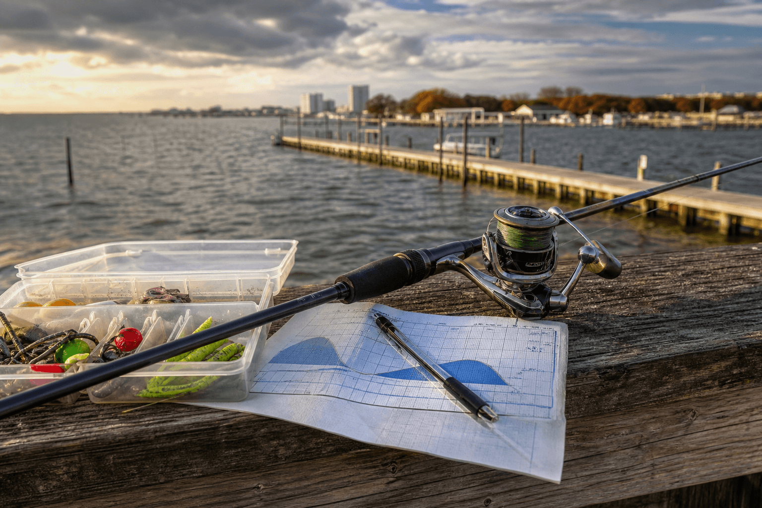 Calendar and fishing tackle spread on a condo table planning an Ocean City vacation week