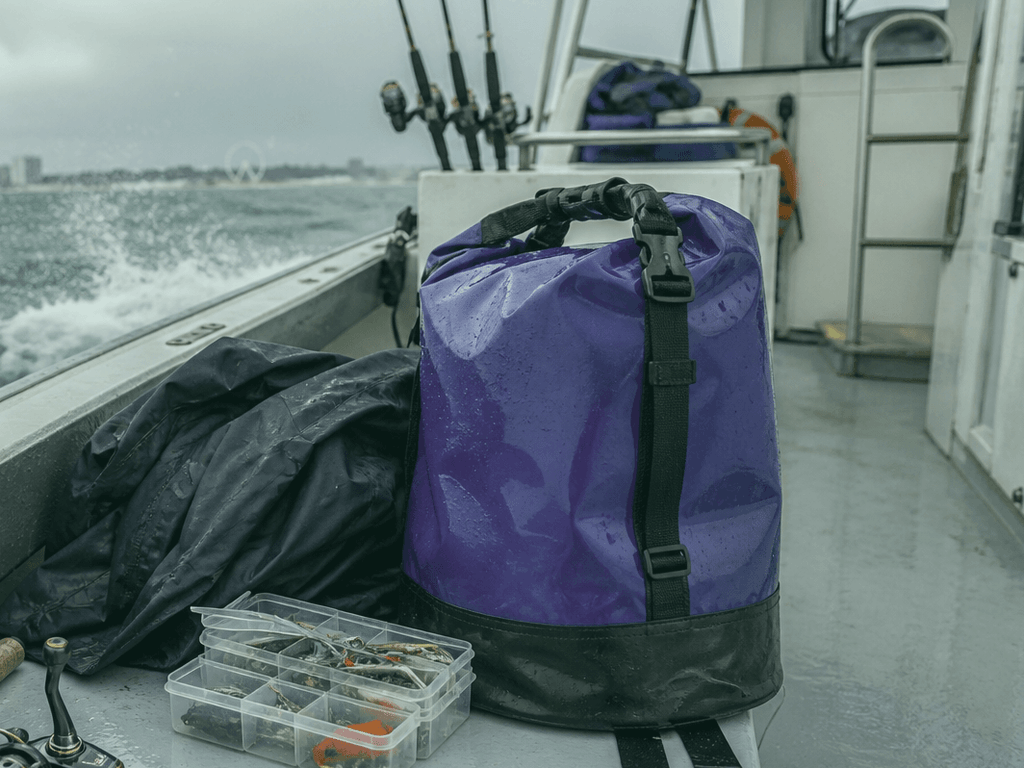 Phone in waterproof case beside pliers and tackle on pier rail — Ocean City, Maryland