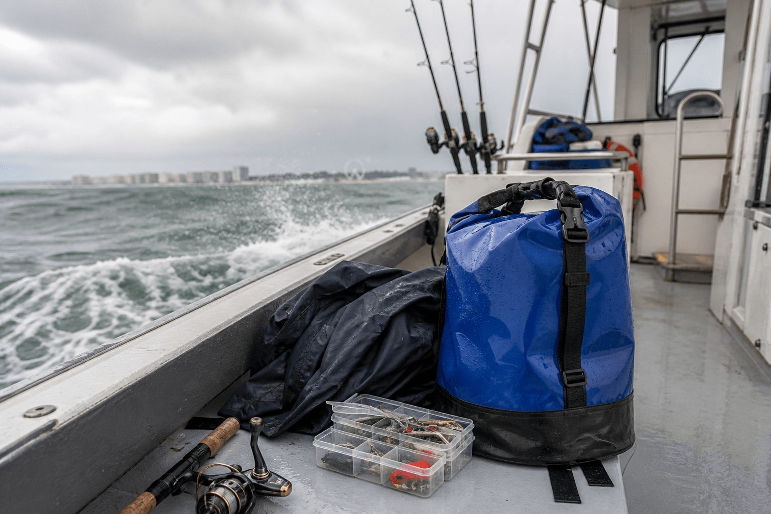 Dry bag and fishing gear protected from spray on Ocean City pier