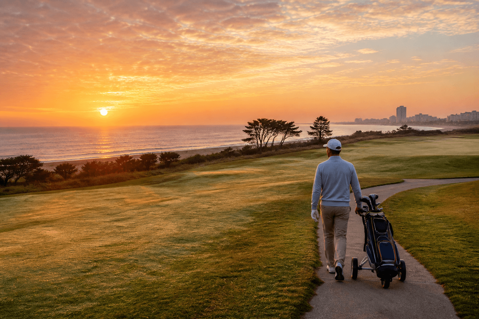 Early morning tee time on a Worcester County golf course with dew on the fairway and soft coastal light — Ocean City, Maryland
