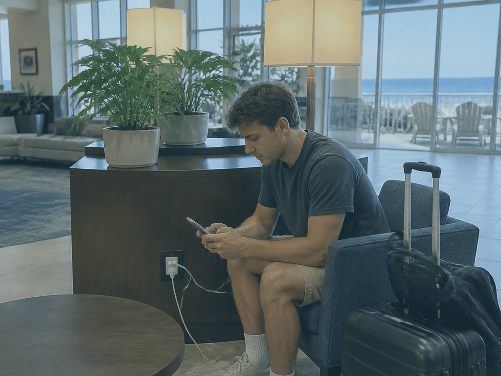 Ocean City hotel lobby charge stop: borrow the outlet, not the whole lobby — supporting Beach Blog photo, Ocean City, Maryland