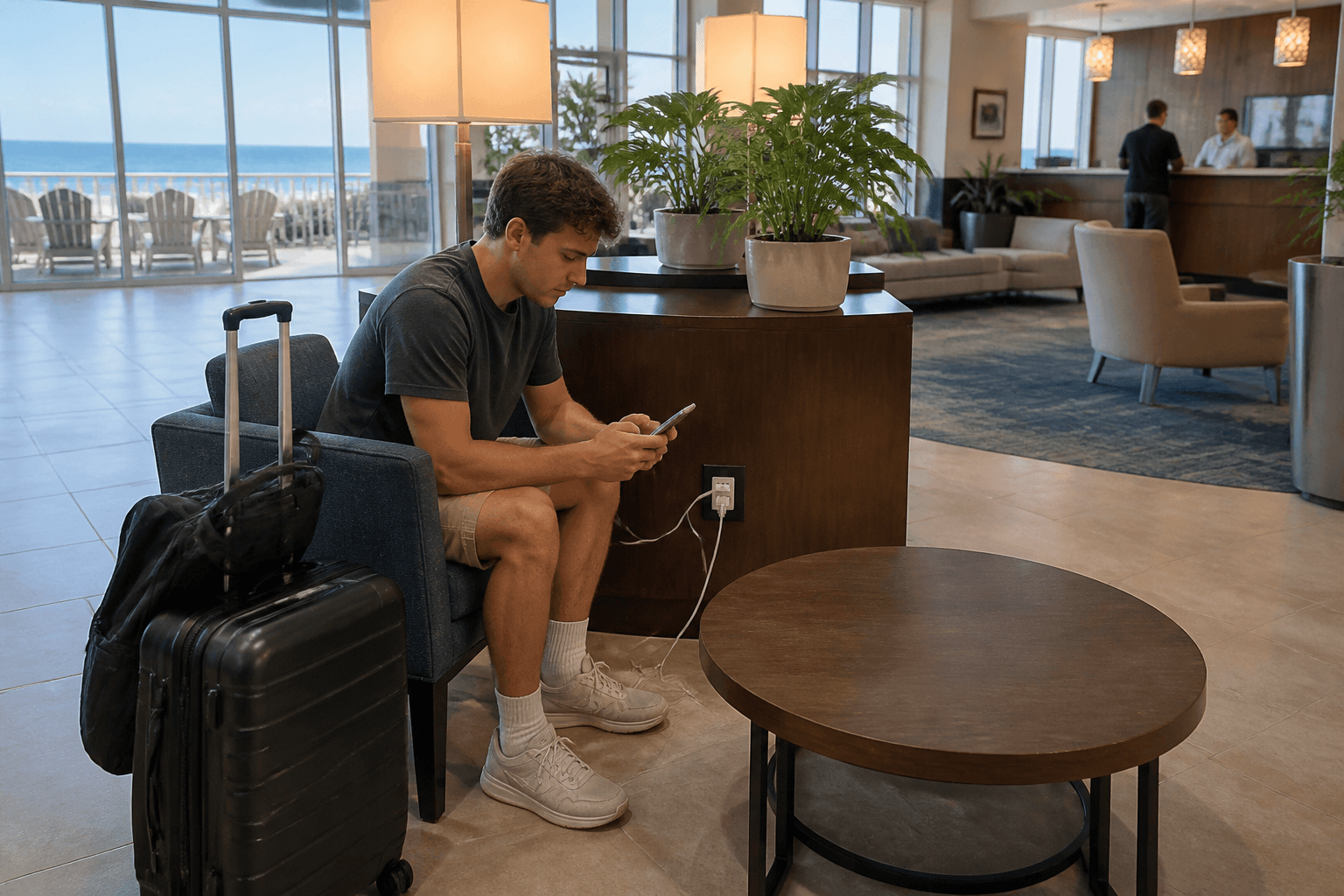 Ocean City hotel lobby charge stop: borrow the outlet, not the whole lobby — Beach Blog photo, Ocean City, Maryland