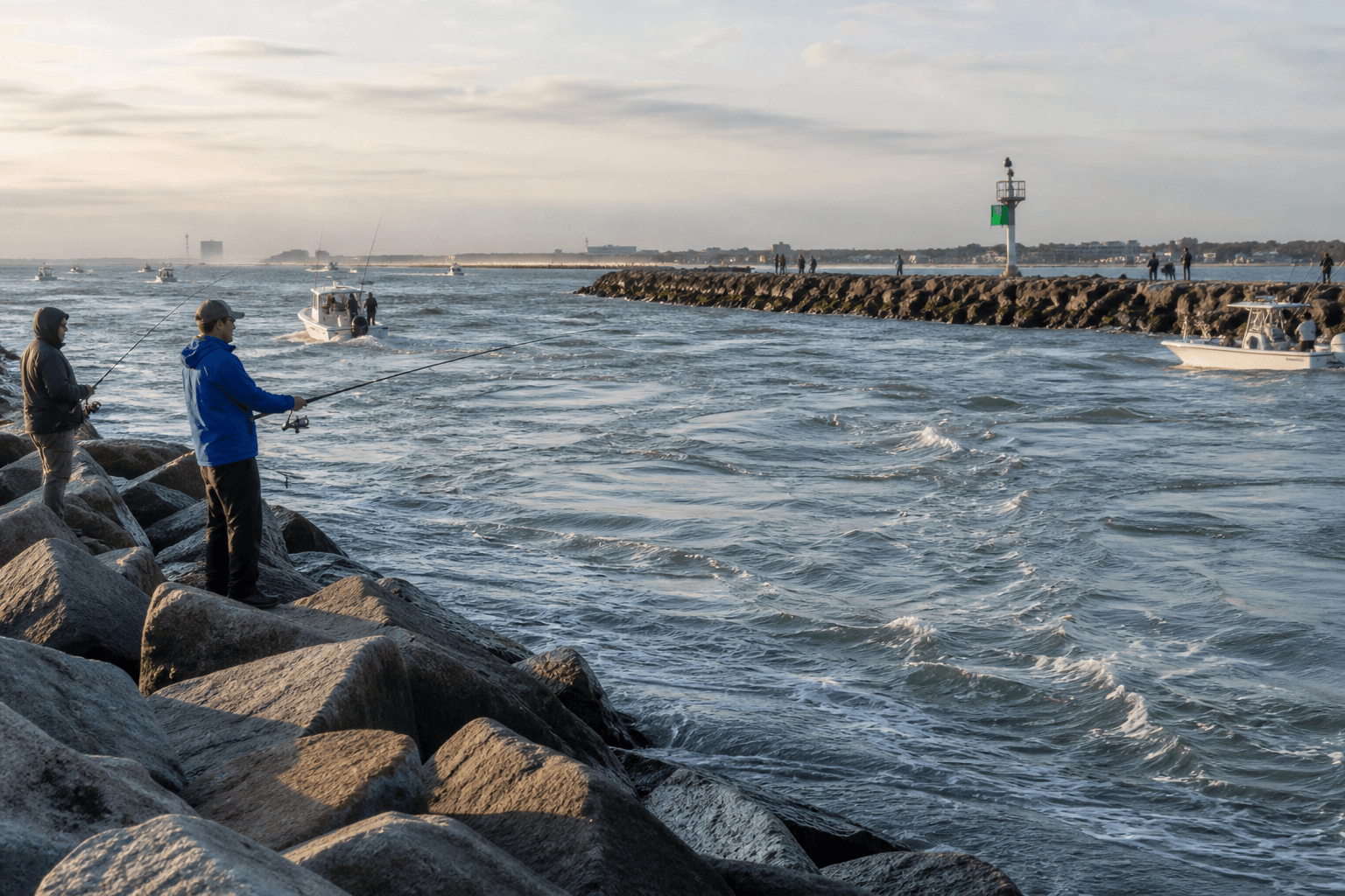 Ocean City inlet at moving tide with anglers on rocks and current ripping through the channel
