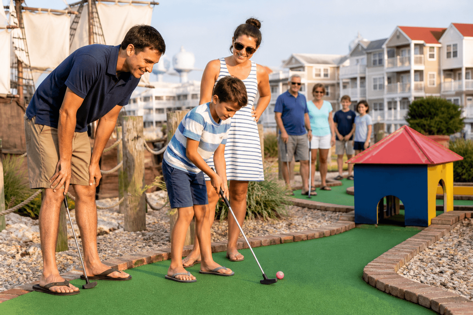 Family playing mini golf on a sunny Ocean City course with windmill and bright putting greens