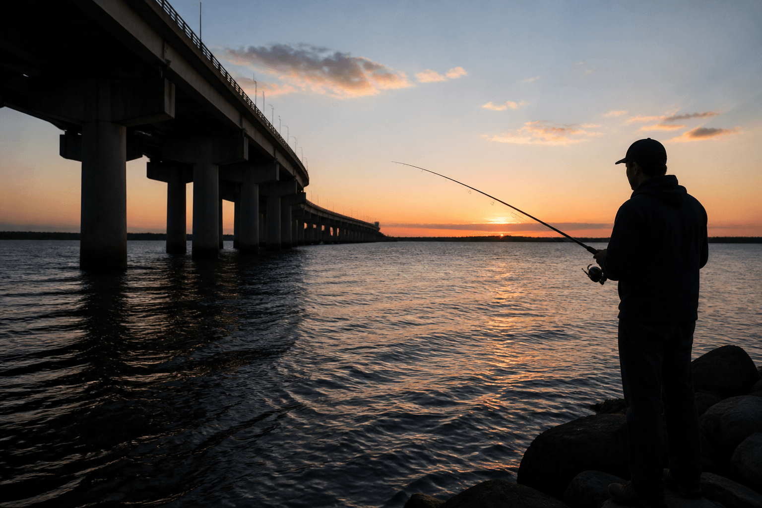 Route 50 bridge evening stripers: a short Ocean City rod session after the beach day — Beach Blog photo, Ocean City, Maryland