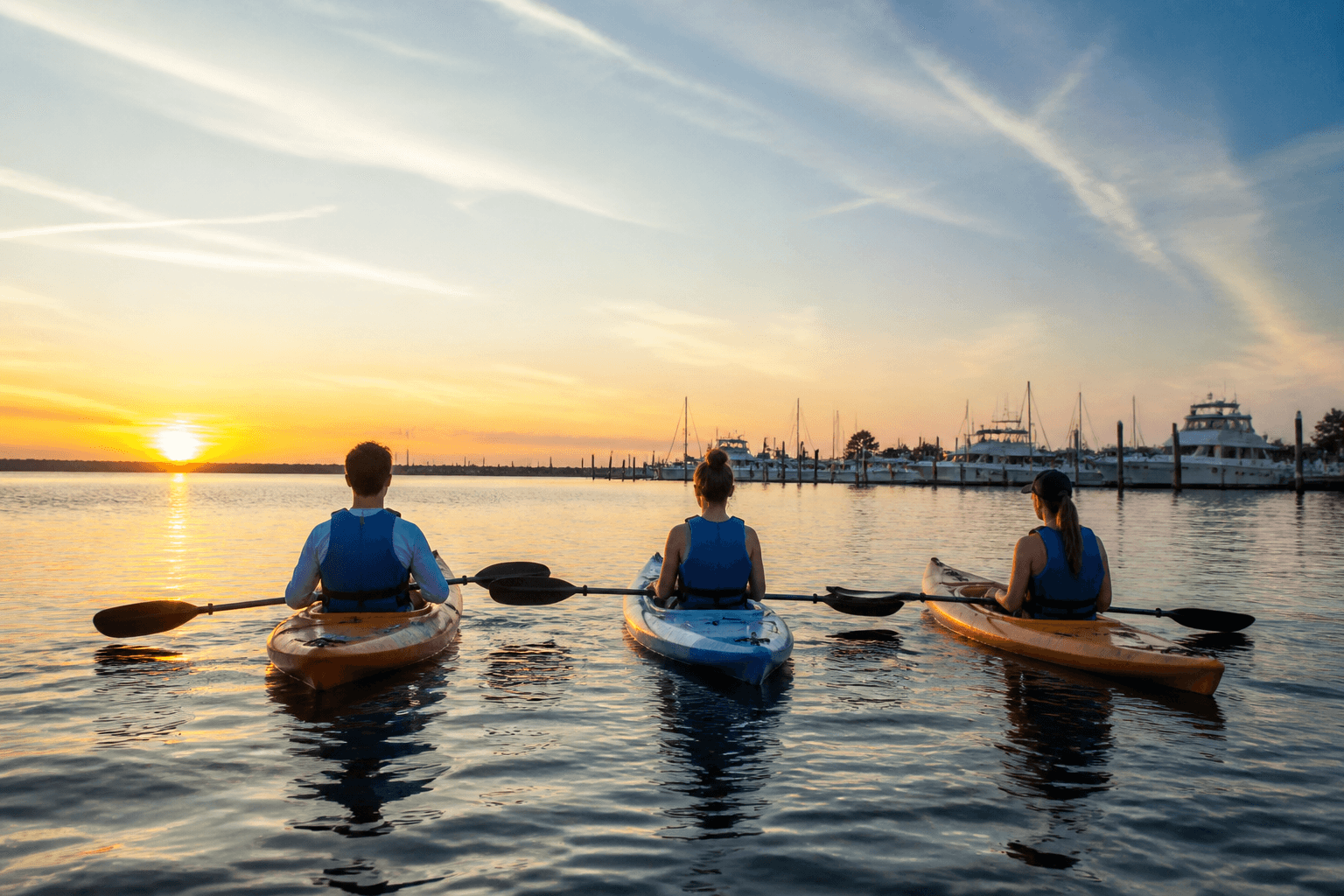 Small group of kayakers on the bay at sunset with orange light on the water near Ocean City Maryland