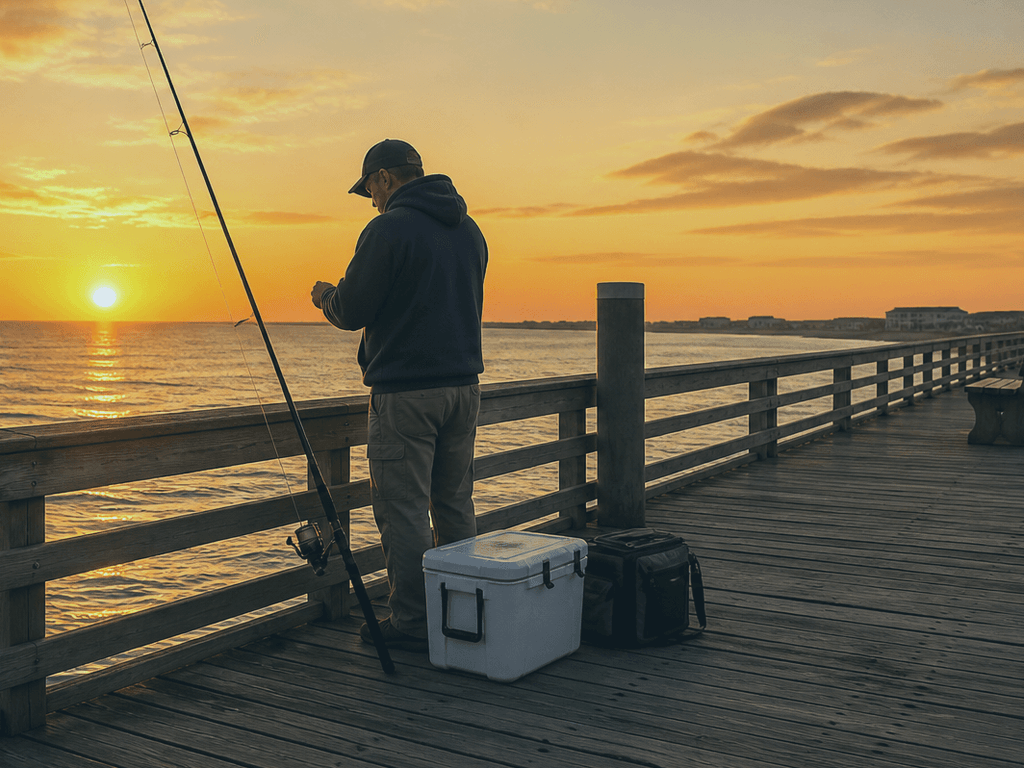 Tackle bucket and pier pass ready in a truck before dawn near Ocean City Maryland