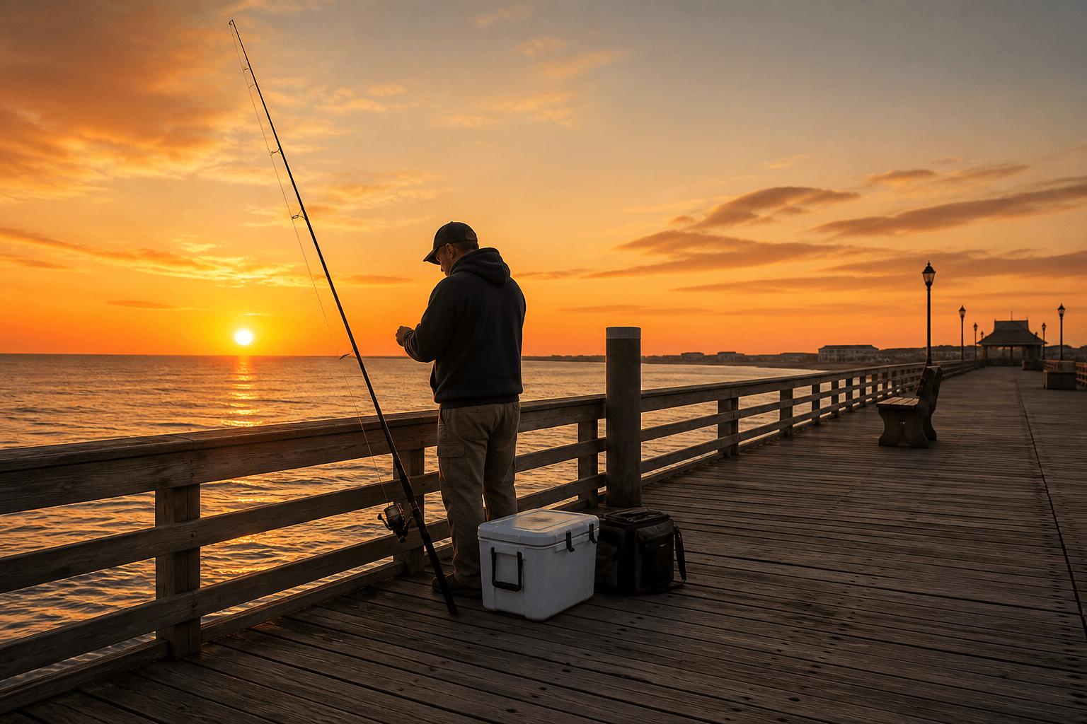 Empty Ocean City fishing pier at sunrise with angler silhouettes and pink light over the Atlantic