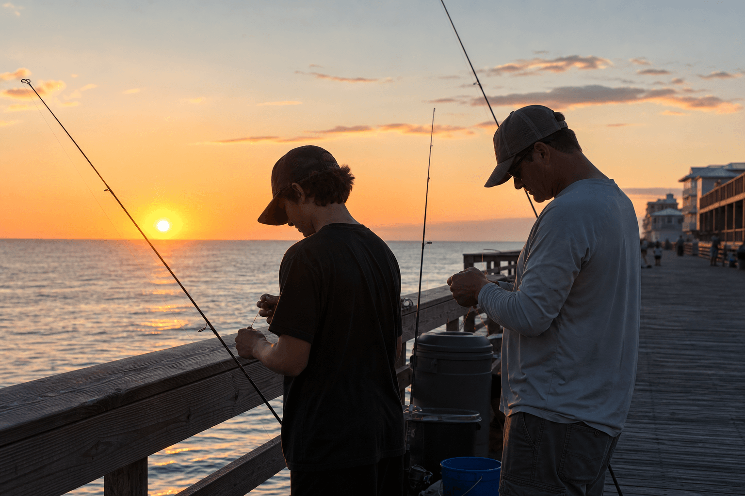 Teen and adult fishing together on Ocean City pier at sunrise with soft pink light