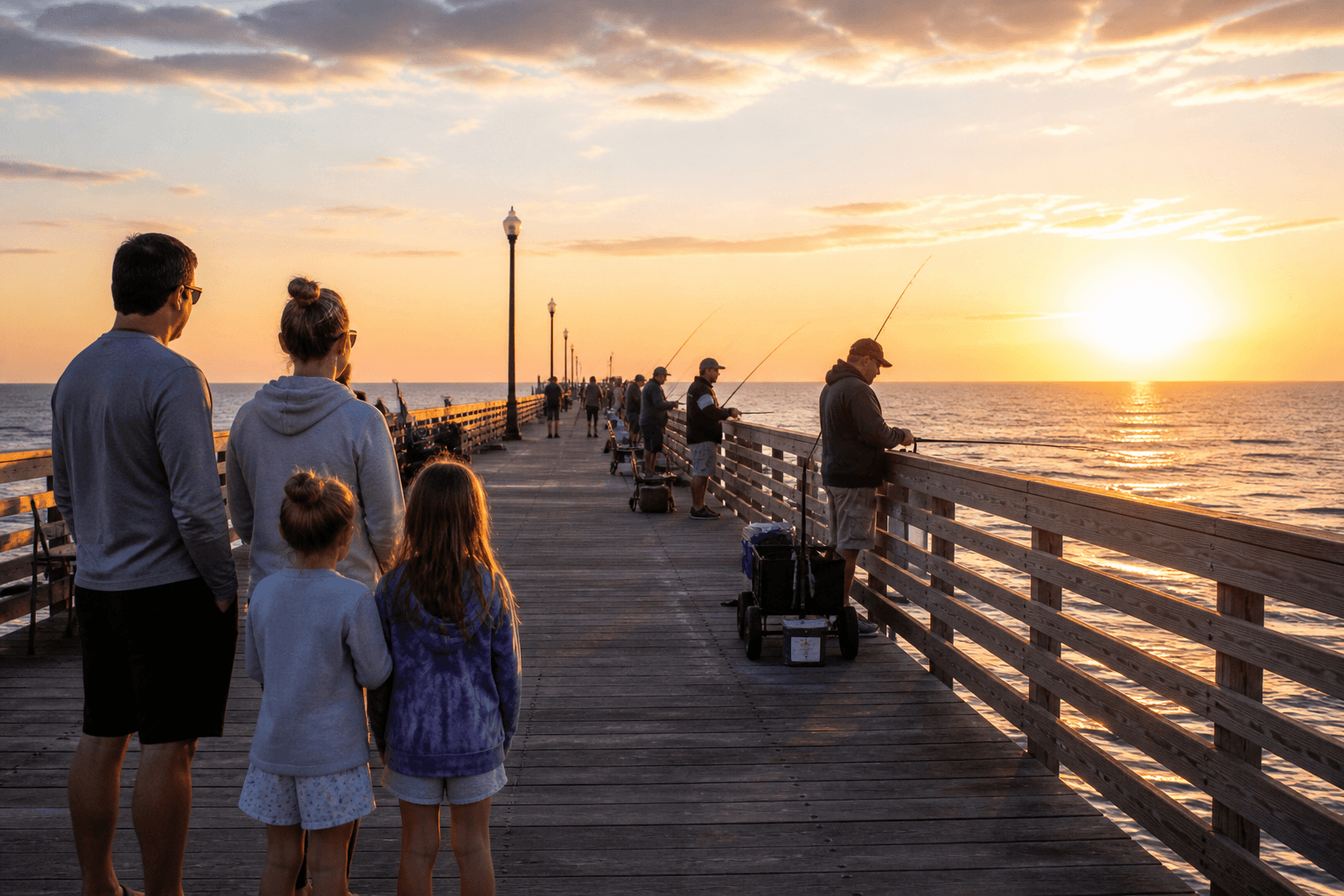 Family watching sunset from an Ocean City fishing pier while anglers fish the rail